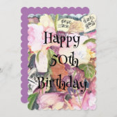 ハッピー50誕生日ウォーターカラーフローラ音楽 招待状 (正面/裏面)