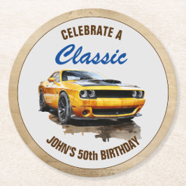 ハッピー50誕生日クラシックマッスルカー ラウンドペーパーコースター