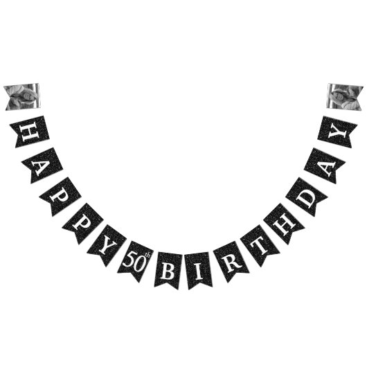 ハッピー50誕生日フォトブラックグリッター バンティングフラッグ (全)