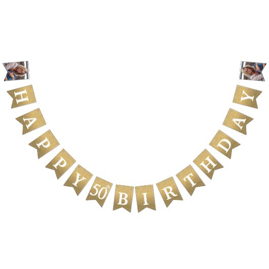 ハッピー50誕生日フォト金ゴールドグリッター バンティングフラッグ (全)