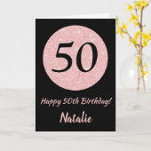 ハッピー50誕生日ブラックとバラピンク金ゴールド カード (黄色い花)