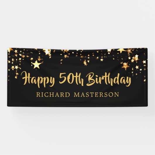 ハッピー50誕生日ブラック金ゴールド星またはテキスト 横断幕 (横)