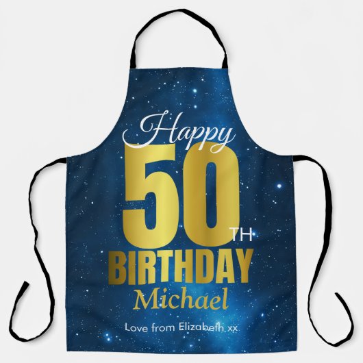 ハッピー50誕生日ブルー金ゴールドエプロン エプロン (正面)