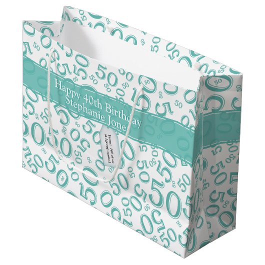 ハッピー50誕生日ランダムパターンティール（緑がかった色）/白 ラージペーパーバッグ (正面アングル)