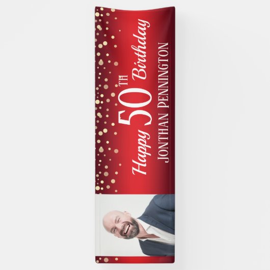 ハッピー50誕生日レッドと紙吹雪ワン写真 横断幕 (縦)