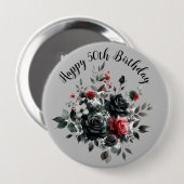 ハッピー50誕生日レッド&ブラックバラ | 缶バッジ (正面&裏面)