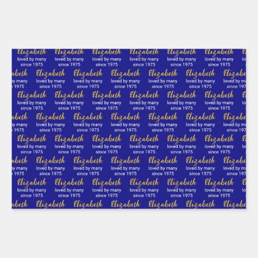 ハッピー50誕生日名金ゴールドホワイトとネイビーブルー ラッピングペーパーシート (正面)