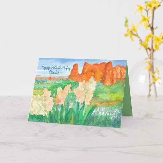 ハッピー50誕生日砂漠パーソナライズされた山 カード (黄色い花)