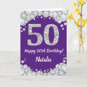 ハッピー50誕生日紫と銀のグリッターカード カード (黄色い花)