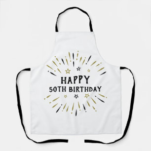 ハッピー50誕生日花火ホワイトブラック金ゴールド エプロン
