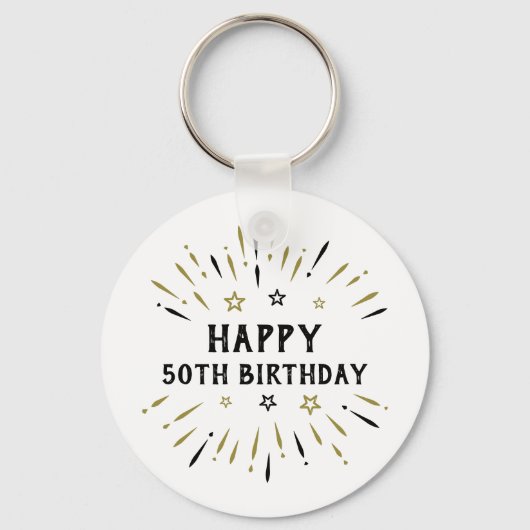 ハッピー50誕生日花火ホワイトブラック金ゴールド キーホルダー (正面)