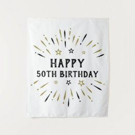 ハッピー50誕生日花火ホワイトブラック金ゴールド タペストリー