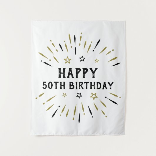 ハッピー50誕生日花火ホワイトブラック金ゴールド タペストリー (正面)