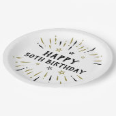 ハッピー50誕生日花火ホワイトブラック金ゴールド ペーパープレート (アングル)