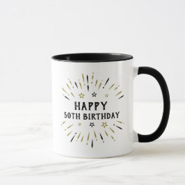 ハッピー50誕生日花火ホワイトブラック金ゴールド マグカップ