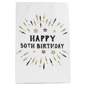 ハッピー50誕生日花火ホワイトブラック金ゴールド ミディアムペーパーバッグ (正面)