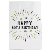 ハッピー50誕生日花火ホワイトブラック金ゴールド ミディアムペーパーバッグ (裏面)