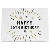 ハッピー50誕生日花火ホワイトブラック金ゴールド ラージペーパーバッグ (正面)