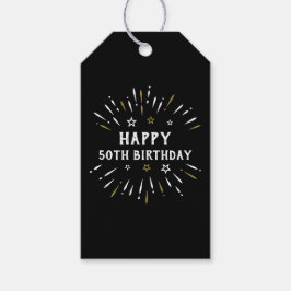 ハッピー50誕生日花火白黒金ゴールド ギフトタグ