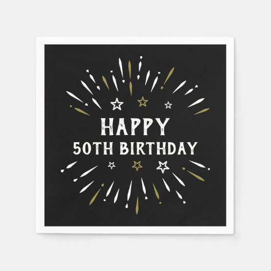 ハッピー50誕生日花火白黒金ゴールド スタンダードカクテルナプキン (正面)