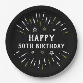 ハッピー50誕生日花火白黒金ゴールド ペーパープレート