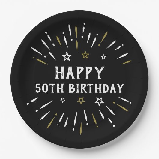 ハッピー50誕生日花火白黒金ゴールド ペーパープレート (正面)