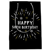 ハッピー50誕生日花火白黒金ゴールド ミディアムペーパーバッグ (正面)
