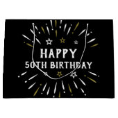 ハッピー50誕生日花火白黒金ゴールド ラージペーパーバッグ (正面)