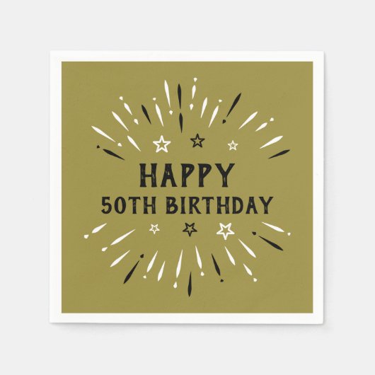 ハッピー50誕生日花火金ゴールド白黒 スタンダードカクテルナプキン (正面)