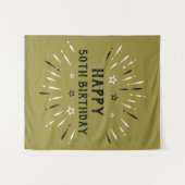 ハッピー50誕生日花火金ゴールド白黒 タペストリー (正面(横))