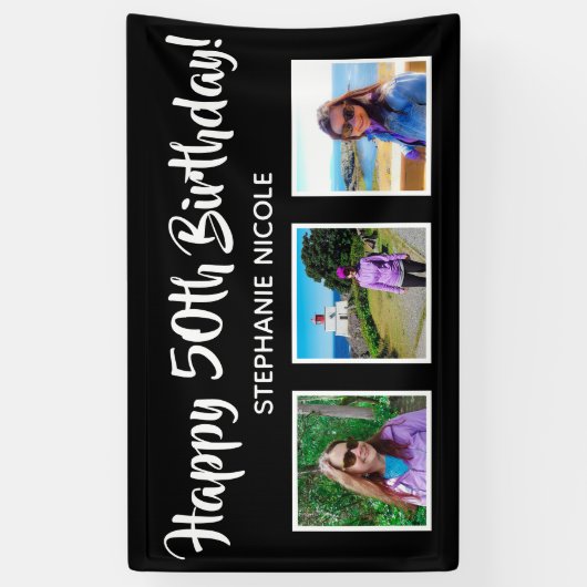 ハッピー50誕生日黒パーソナライズされた写真 横断幕 (縦)