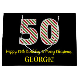 ハッピー50誕生日&メリークリスマス，名前をカスタムする ラージペーパーバッグ