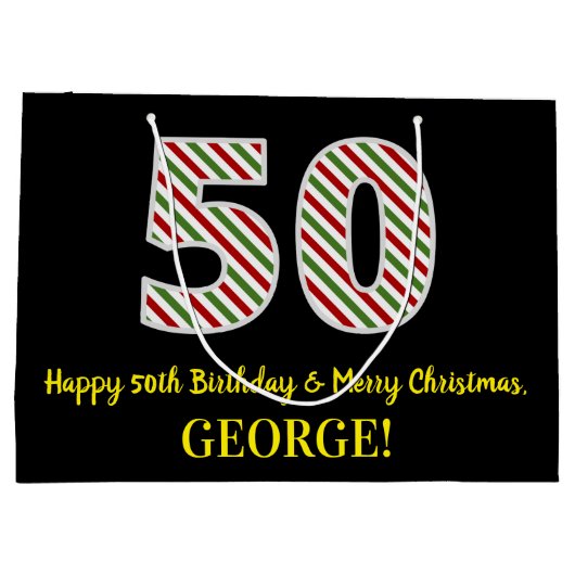 ハッピー50誕生日&メリークリスマス，名前をカスタムする ラージペーパーバッグ (裏面)