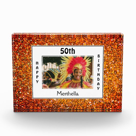 ハッピー50誕生日 |任意の年齢 |赤いグリッター フォトブロック (正面)