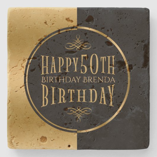 ハッピー50誕生日 – 幾何学模様ブラック&金ゴールド ストーンコースター (正面)