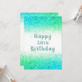 ハッピー50thグリーン&nブルーグリッタータイポグラフィ カード (正面/裏面インサイチュ)