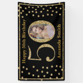 ハッピー50th誕生日バナーブラック&金ゴールド写真 横断幕 (縦)