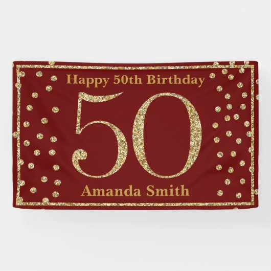 ハッピー50th誕生日バナーブルゴーニュレッド金ゴールド 横断幕 (横)