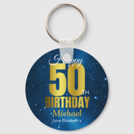 ハッピー50th誕生日ブルー金ゴールド キーホルダー