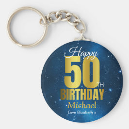 ハッピー50th誕生日ブルー金ゴールド キーホルダー