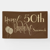 ハッピー50th誕生日名金ゴールド文字ブラウン 横断幕 (横)