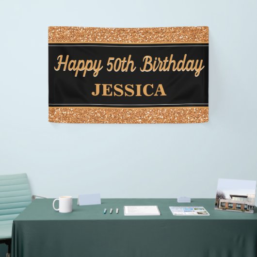 ハッピー50th誕生日金ゴールドグリッターブラック 横断幕 (トレードショー)