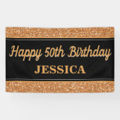 ハッピー50th誕生日金ゴールドグリッターブラック 横断幕 (横)