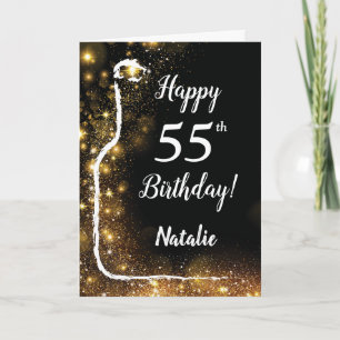 ハッピー55誕生日ブラック&金ゴールドグリッターワイン カード