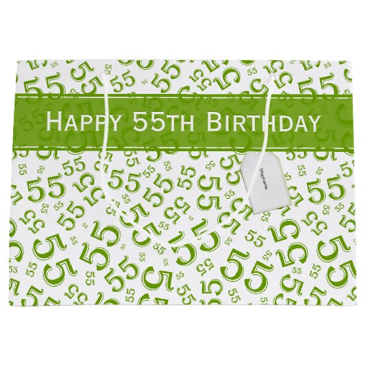 ハッピー55誕生日乱数パターングリーン ラージペーパーバッグ (正面)