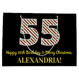 ハッピー55誕生日&メリークリスマス，名前をカスタムする ラージペーパーバッグ