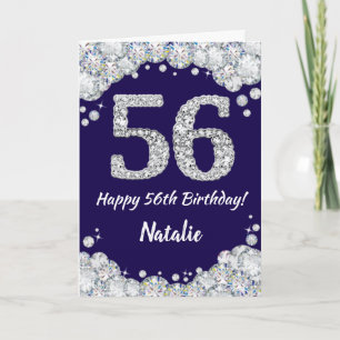 ハッピー56誕生日ネービーブルーアンドシルバーグリッター カード
