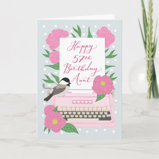 ハッピー57誕生日おばさんタイプライター&フローラ カード (正面)