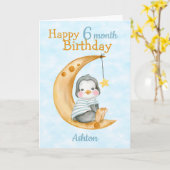 ハッピー6ヶ月誕生日ペンギン&ムーンブルー カード (黄色い花)