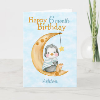 ハッピー6ヶ月誕生日ペンギン&ムーンブルー カード